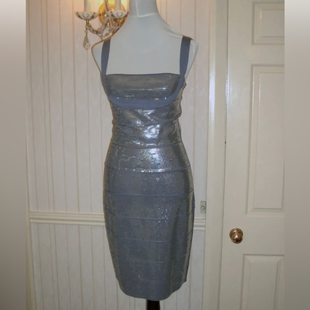 HERVE LEGER GUN SMOKE SILVER SEQUINED BANDAGE DRESS SIZE S